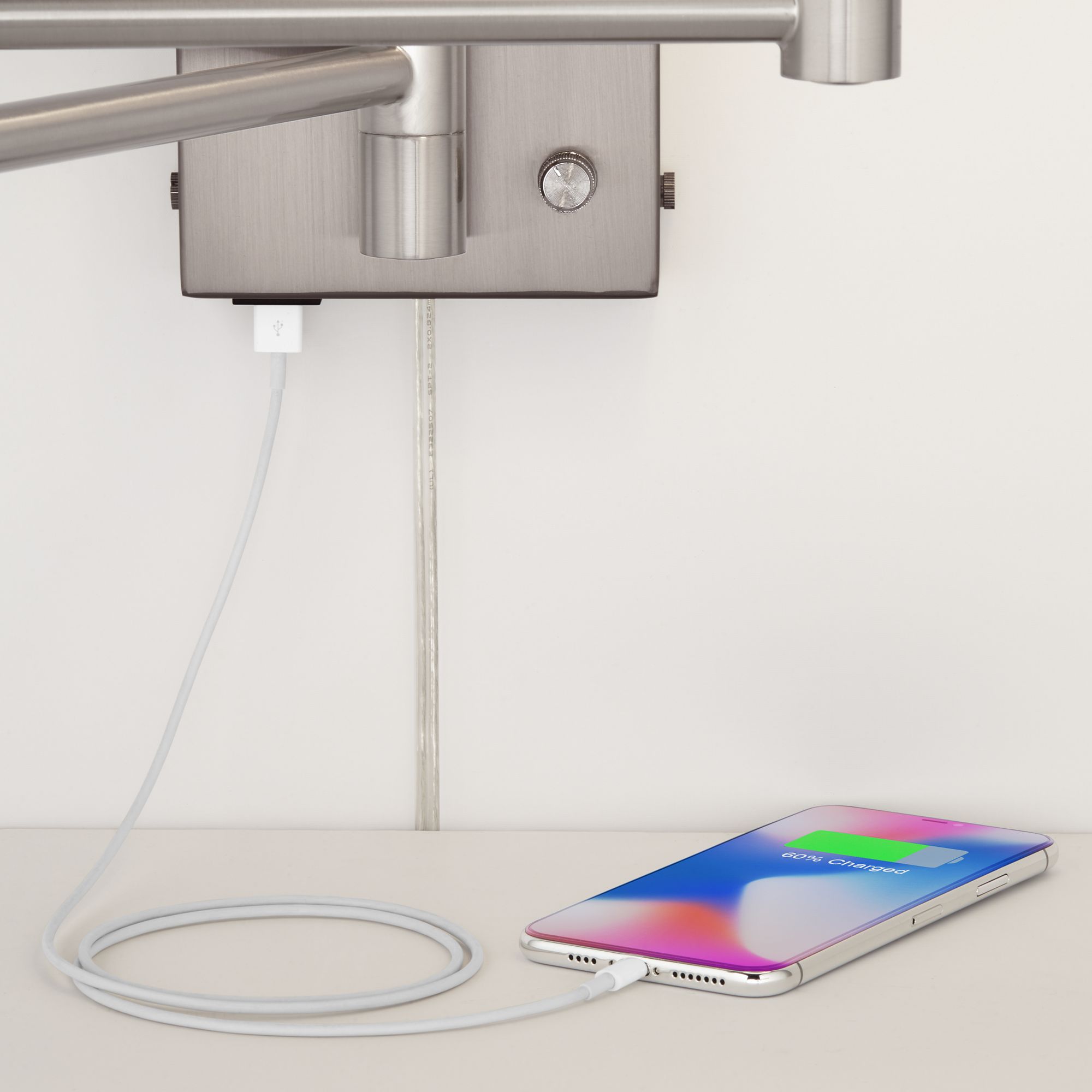 Vero Brushed Nickel Modern Swing Arm PlugIn Wall Lamp with USB Port