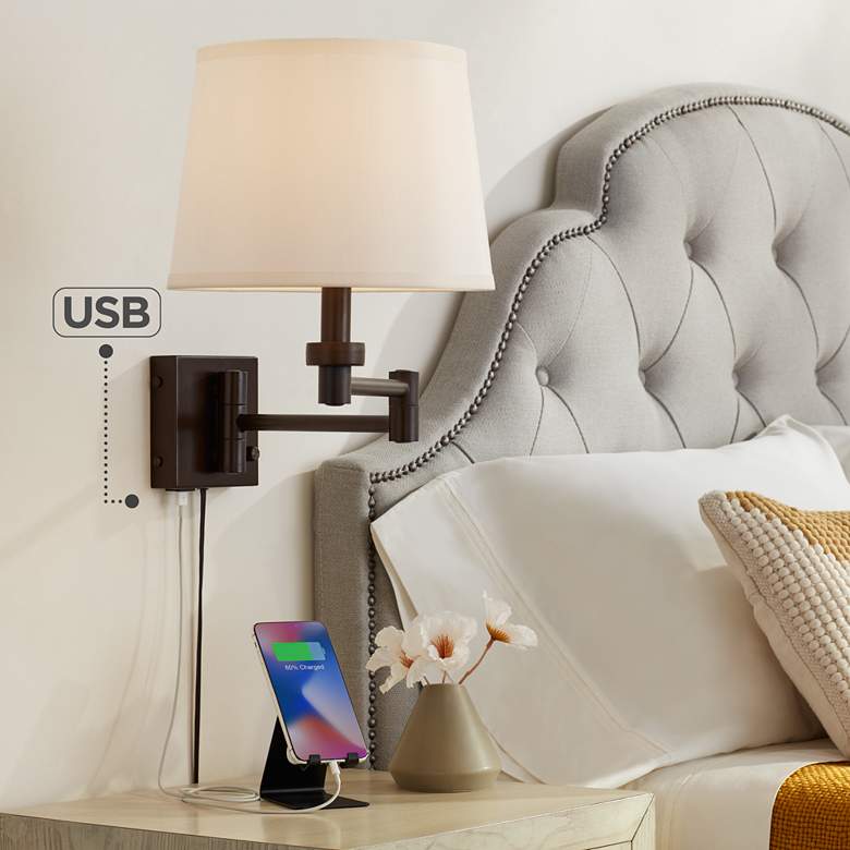 Image 1 Vero Oil-Rubbed Bronze Plug-In Swing Arm Wall Lamp with USB Port