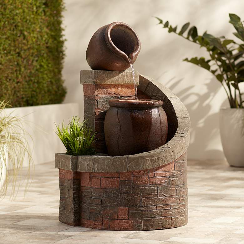 Image 2 Verona 35 inch High Rustic Brick Garden Fountain with LED Light