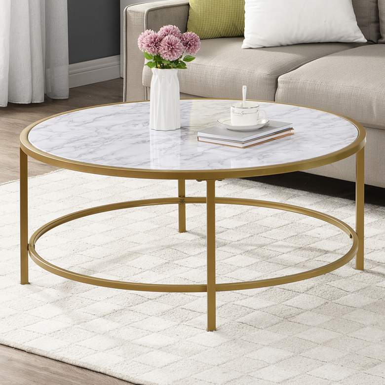 Image 1 Verona 36" Wide Faux Marble Gold Metal Round Coffee Table