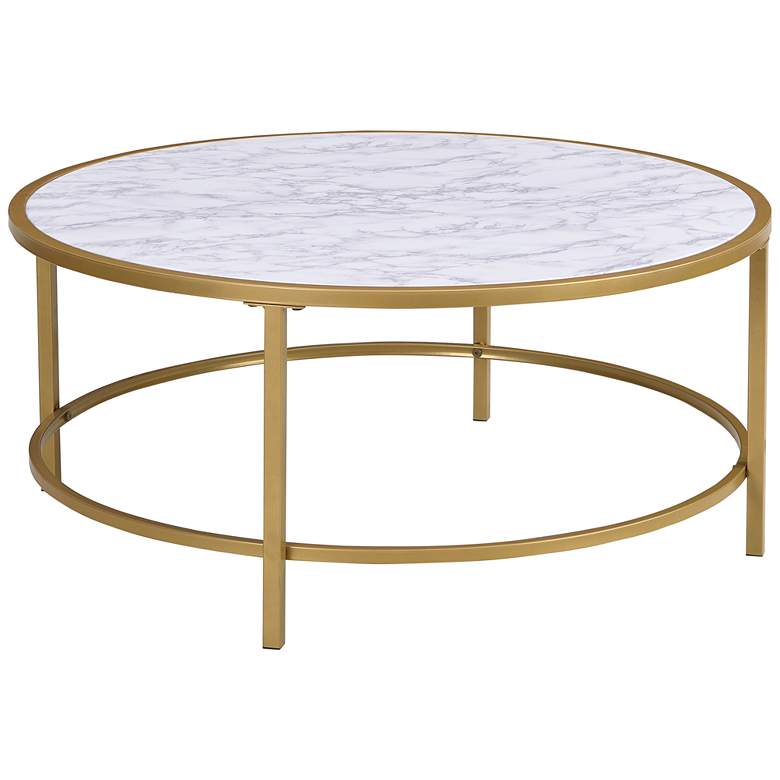 Image 4 Verona 36 inch Wide Faux Marble Gold Metal Round Coffee Table more views