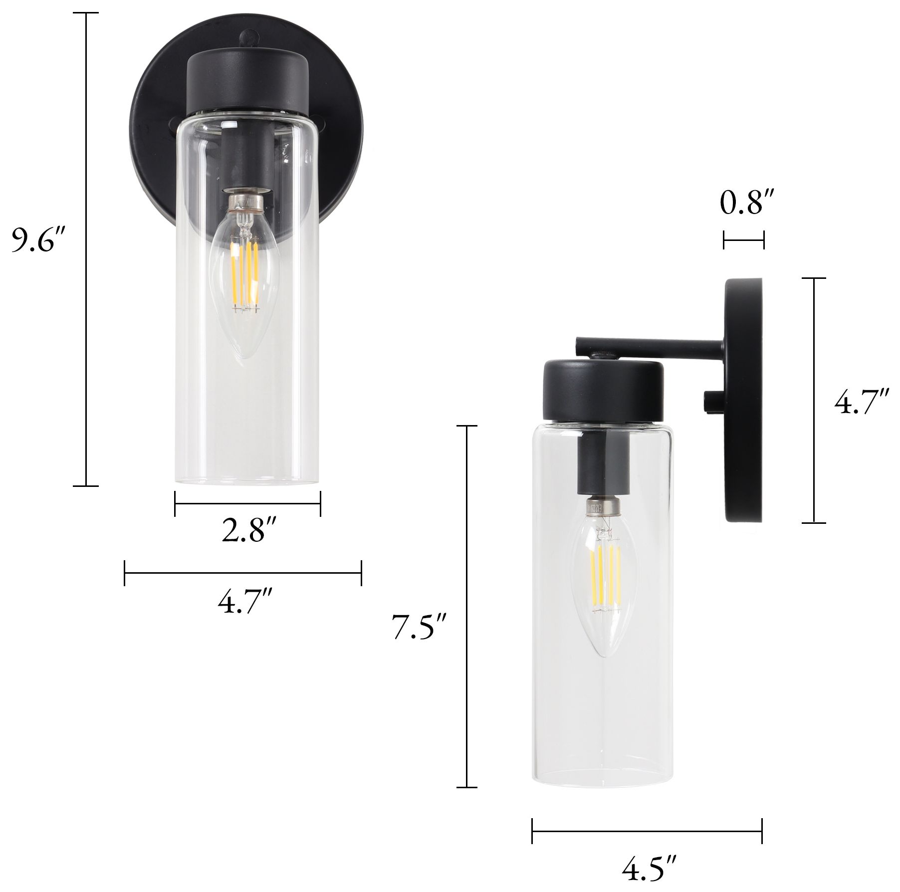 Image 2 Verona Modern Matte Black 1-Light Clear Glass Cylinder Wall Sconce more views