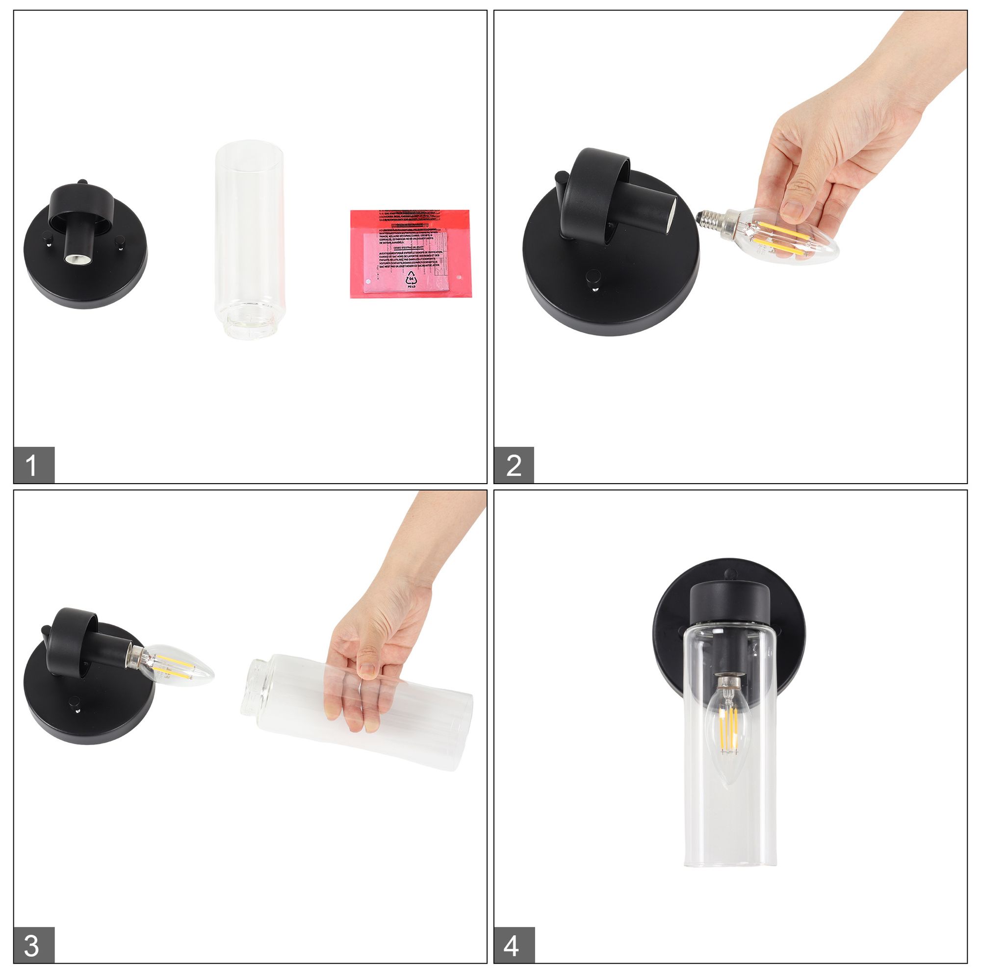 Image 4 Verona Modern Matte Black 1-Light Clear Glass Cylinder Wall Sconce more views