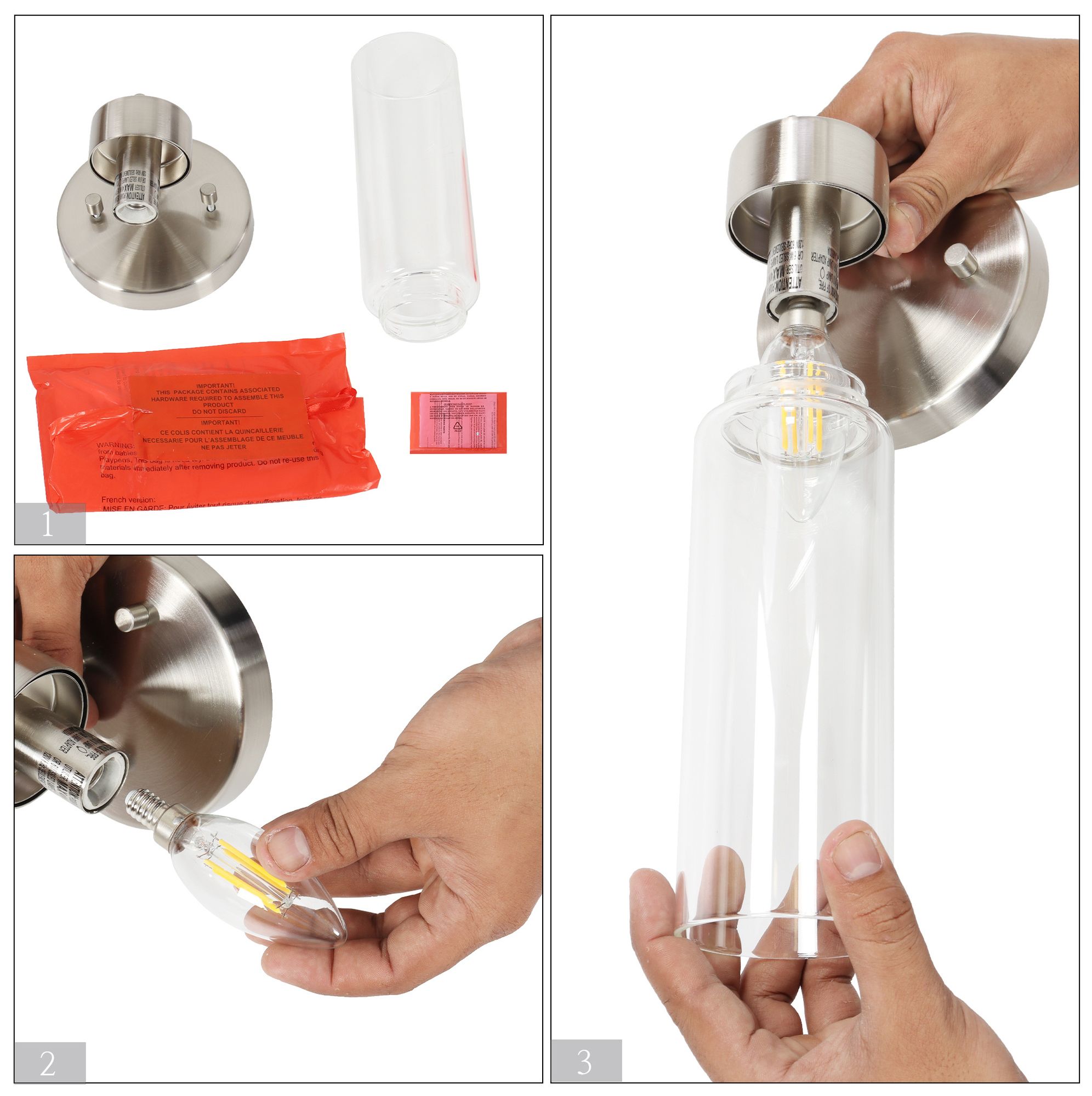Image 4 Verona Modern Satin Nickel 1-Light Clear Glass Cylinder Wall Sconce more views