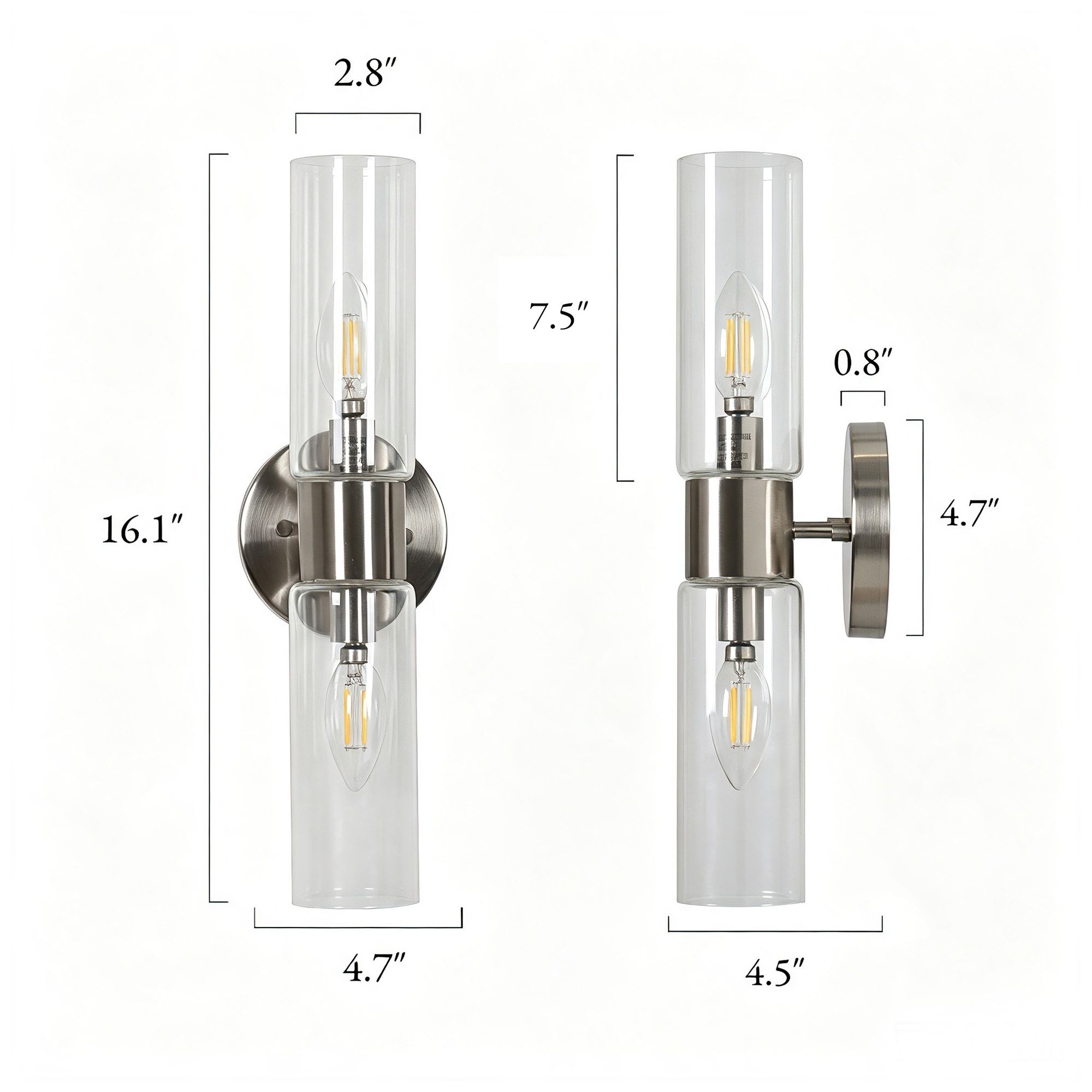 Image 2 Verona Modern Satin Nickel 2-Light Clear Glass Cylinder Wall Sconce more views