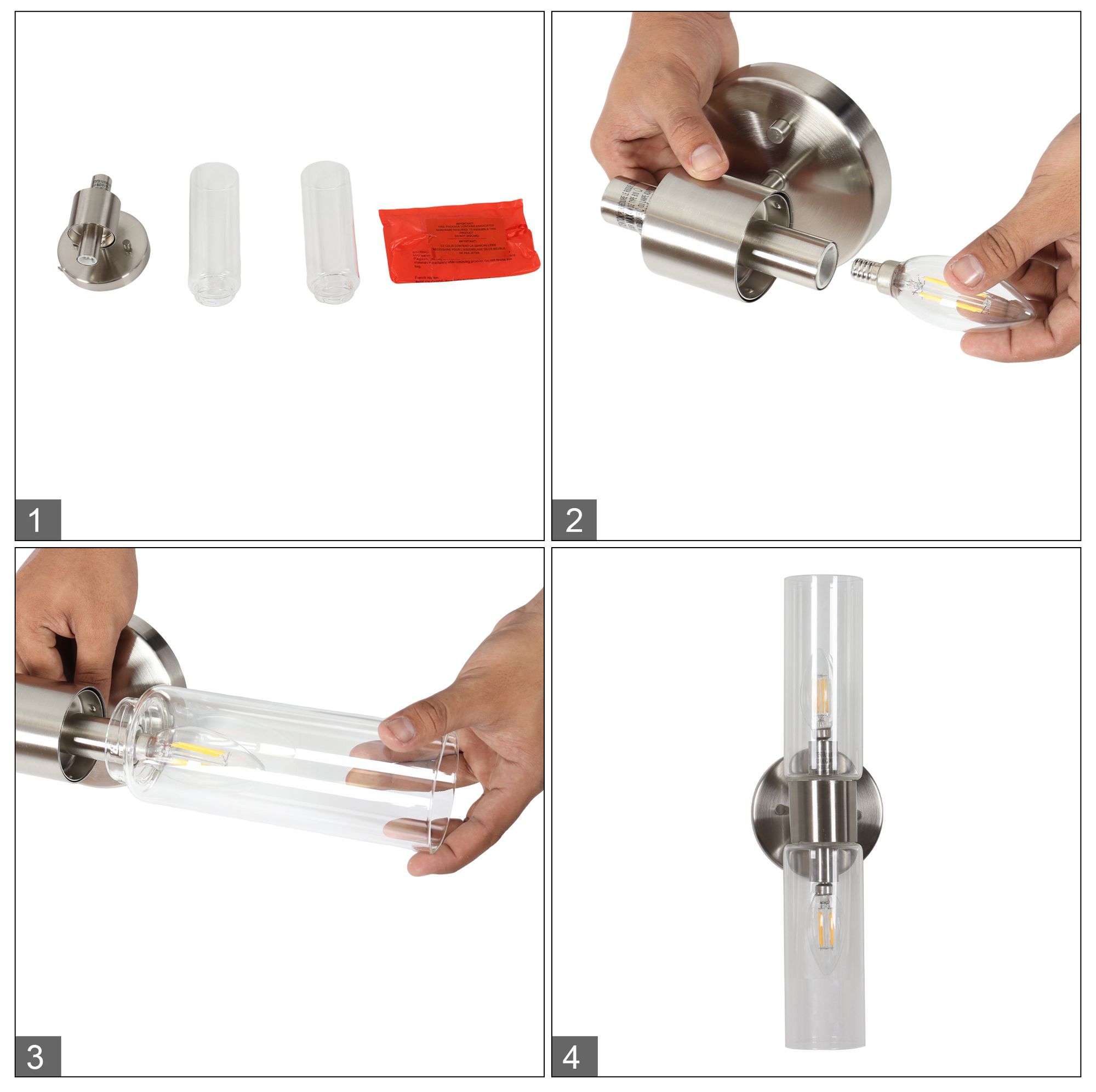 Image 4 Verona Modern Satin Nickel 2-Light Clear Glass Cylinder Wall Sconce more views