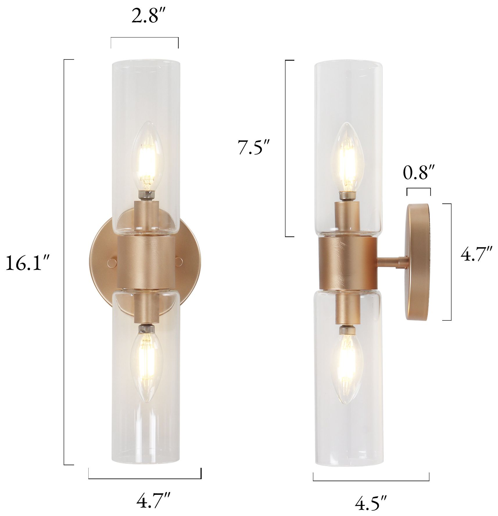 Image 2 Verona Modern Warm Gold 2-Light Clear Glass Cylinder Wall Sconce more views