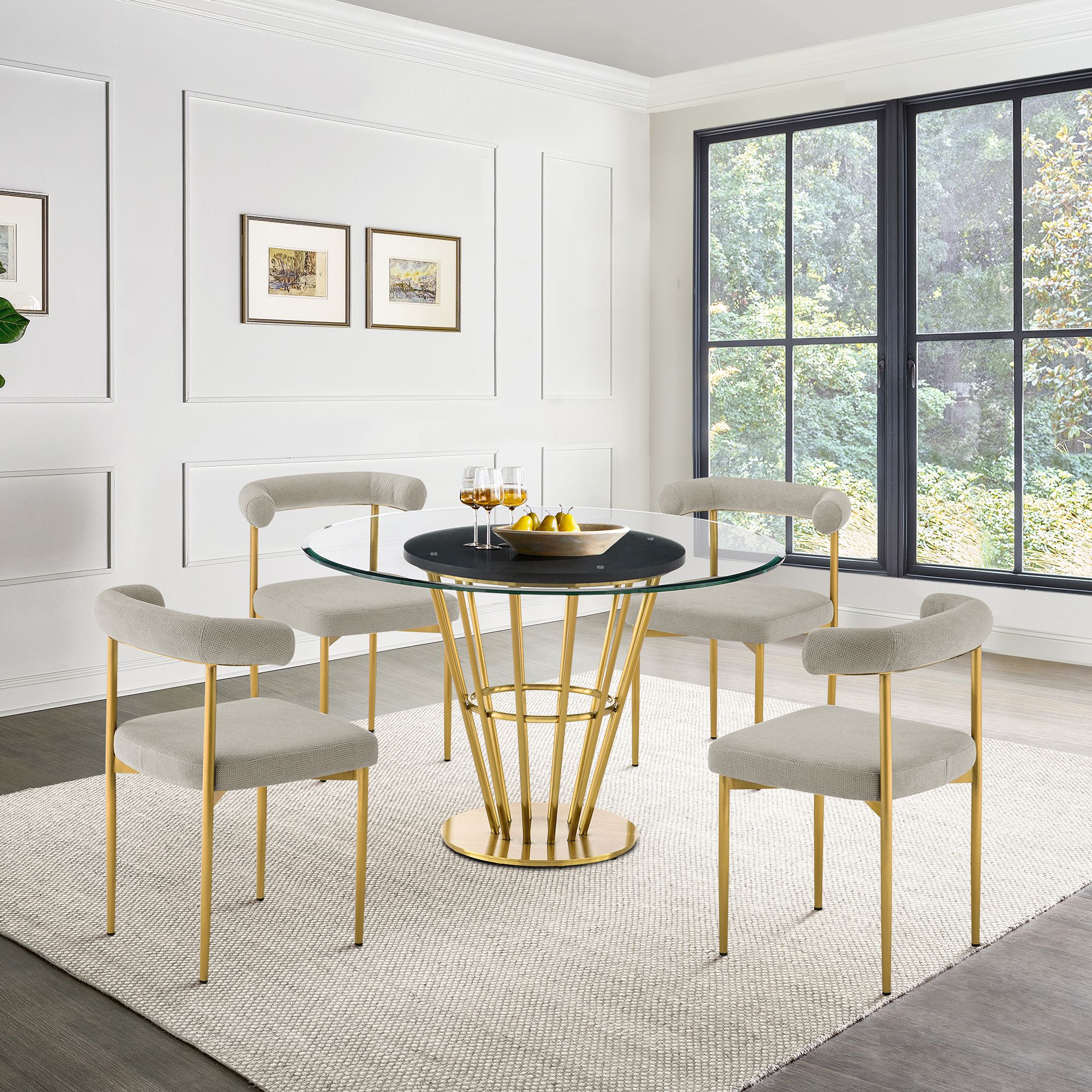 Veronica 48 in. Round Dining Table in Gold Steel, Walnut, Glass Tabletop