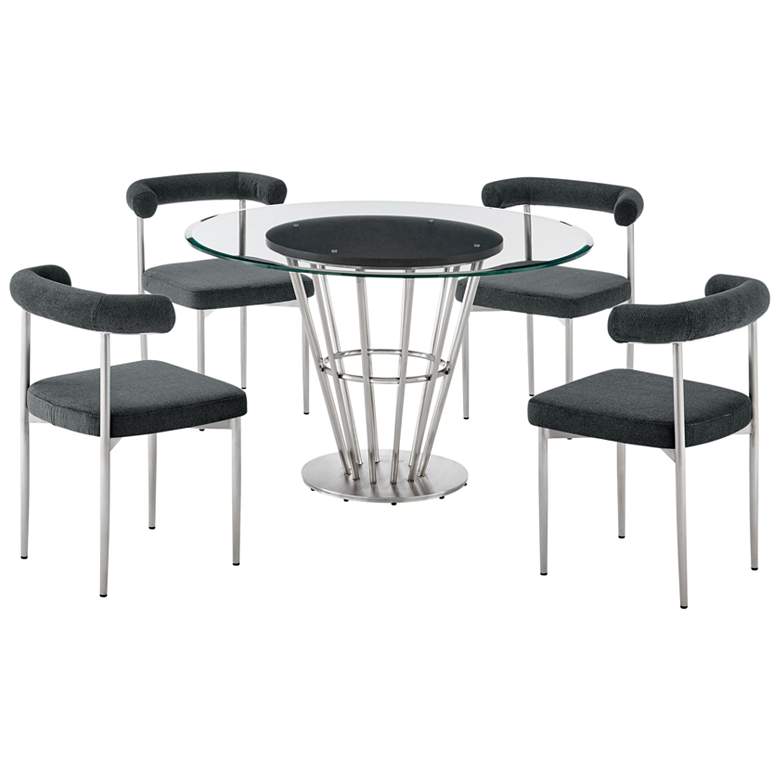 Image 1 Veronica Shannon 5 Pc Glass Dining Table Set in Steel, Charcoal Fabric