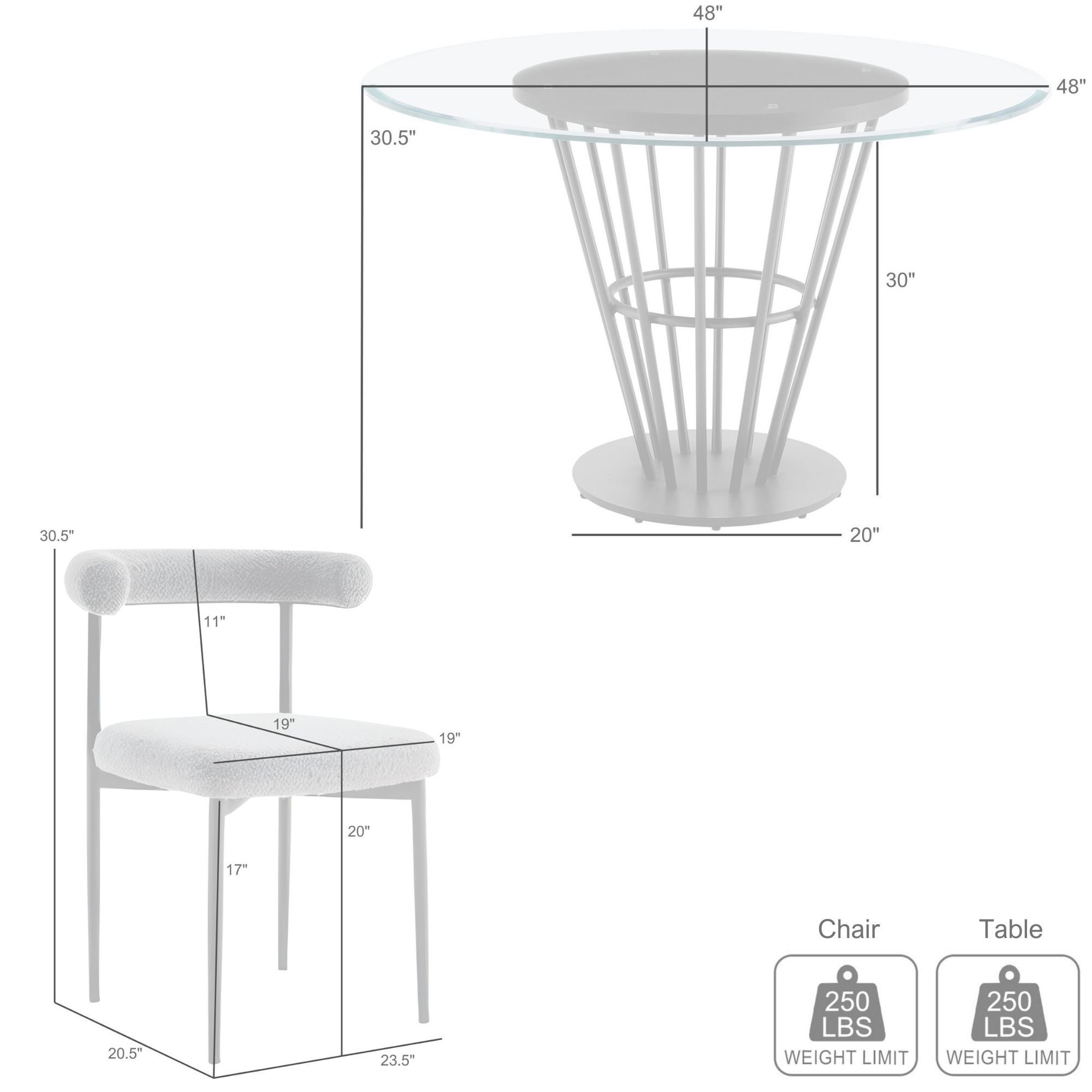 Veronica Shannon 5 Pc Round Glass Dining Table Set in Iron and Cream Fabric