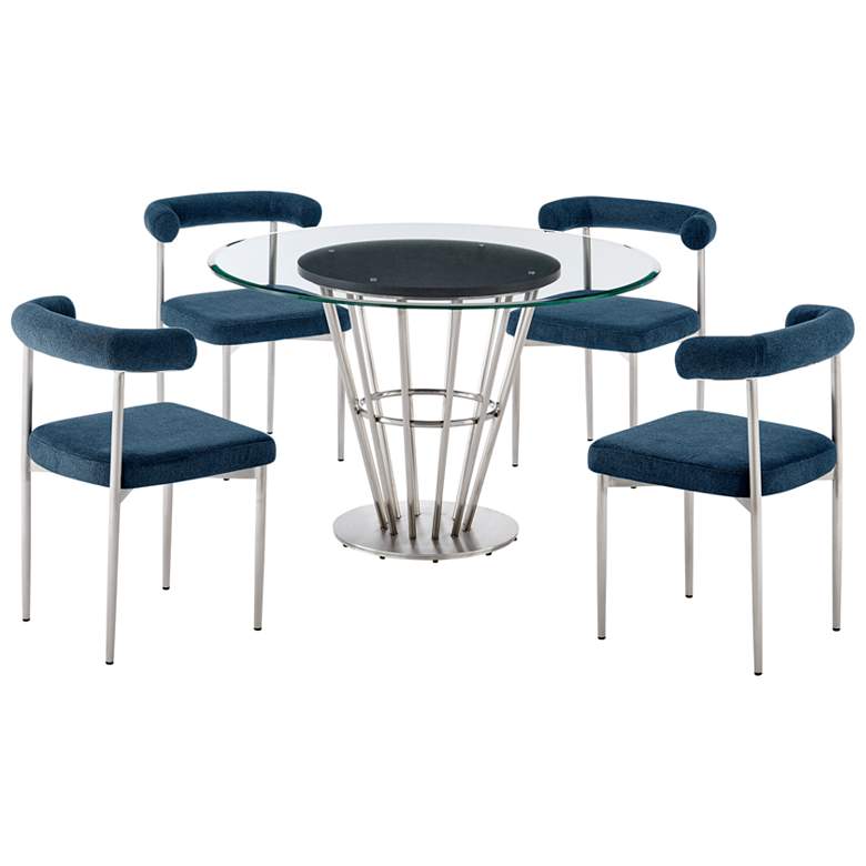 Image 1 Veronica Shannon 5 Pc Round Glass Dining Table Set in Steel, Blue Fabric