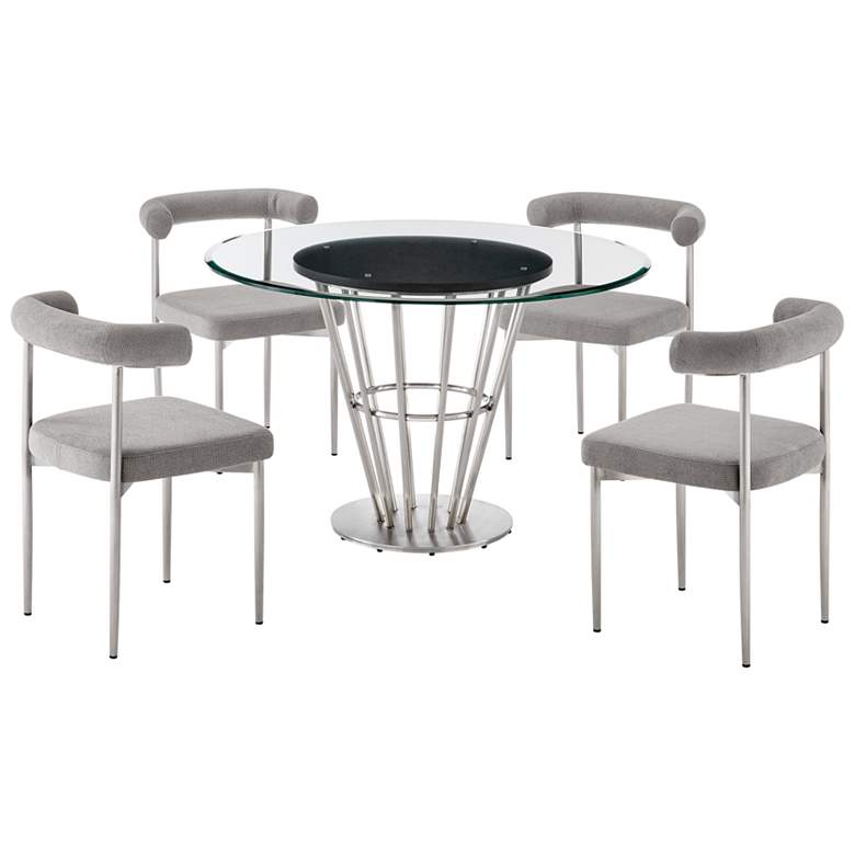 Image 1 Veronica Shannon 5 Pc Round Glass Dining Table Set in Steel, Gray Fabric