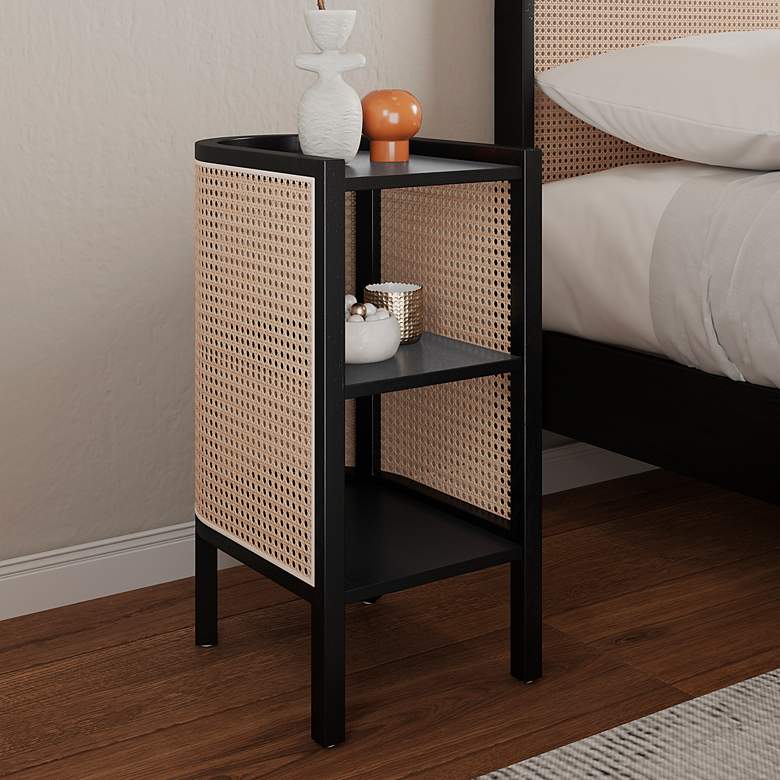 Image 1 Versailles 11 3/4" Wide Black Natural Cane 2-Shelf End Table