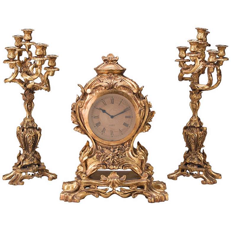 Image 1 Versailles 23" High Gold Finish Clock and Candelabra Set