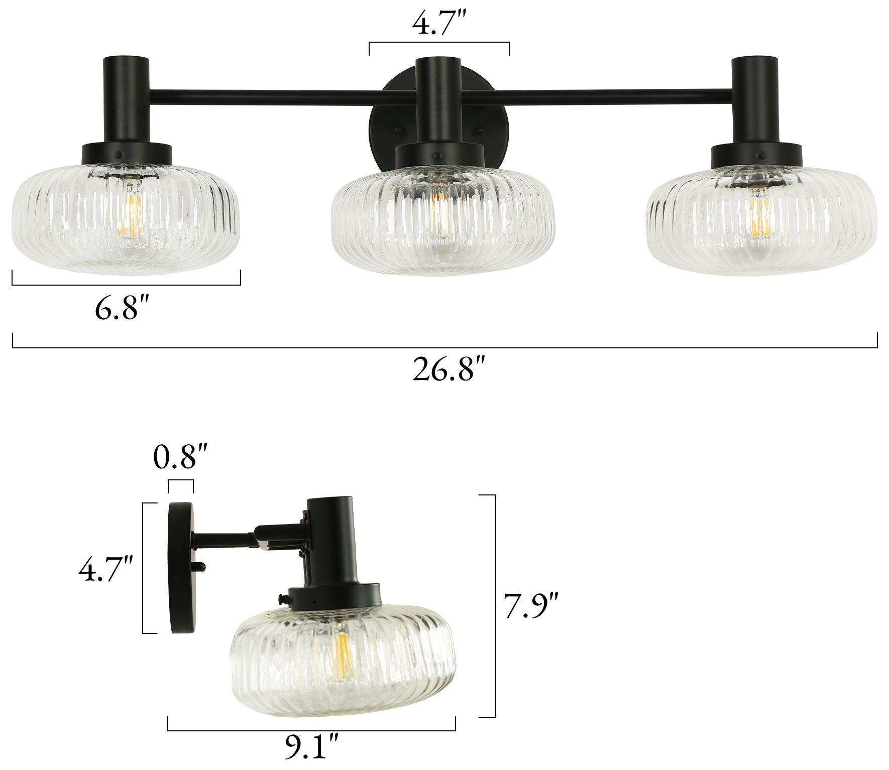 Thumbnail2 of Vetra Modern Matte Black 26.8" 3-Light Fluted Clear Glass Vanity Light more views