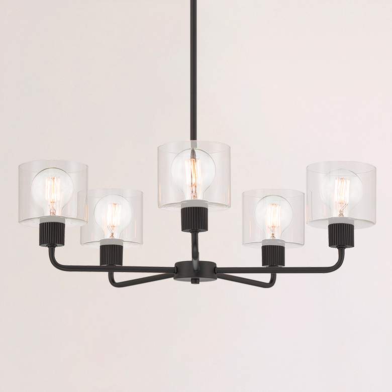 Image 1 Vibrato 27 in. 5-Light Matte Black Transitional Chandelier with Shades