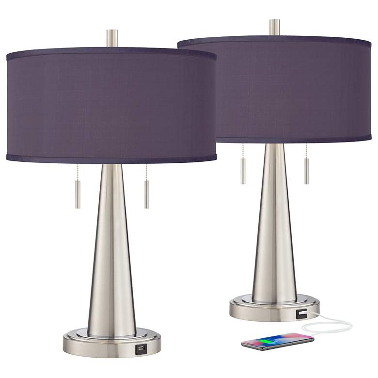 Vicki Brushed Nickel USB Table Lamps with Eggplant Purple Shades Set of 2