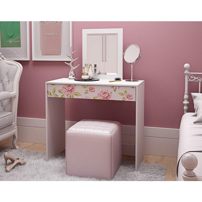 Image 1 Victoria White and Floral Stamp 1-Drawer Vanity with Mirror