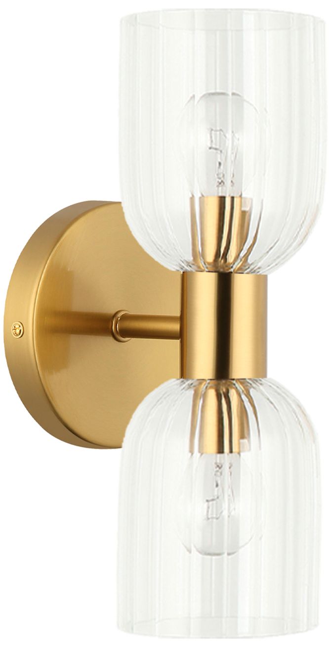 Vienna 11.5"H 2 Light Aged Brass Wall Sconce w/ Clear Ribbed Glass Shade