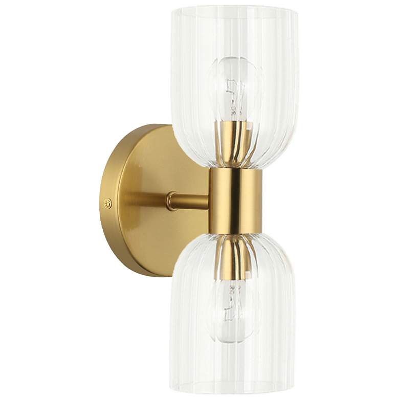 Image 1 Vienna 11.5 inchH 2 Light Aged Brass Wall Sconce w/ Clear Ribbed Glass Sha
