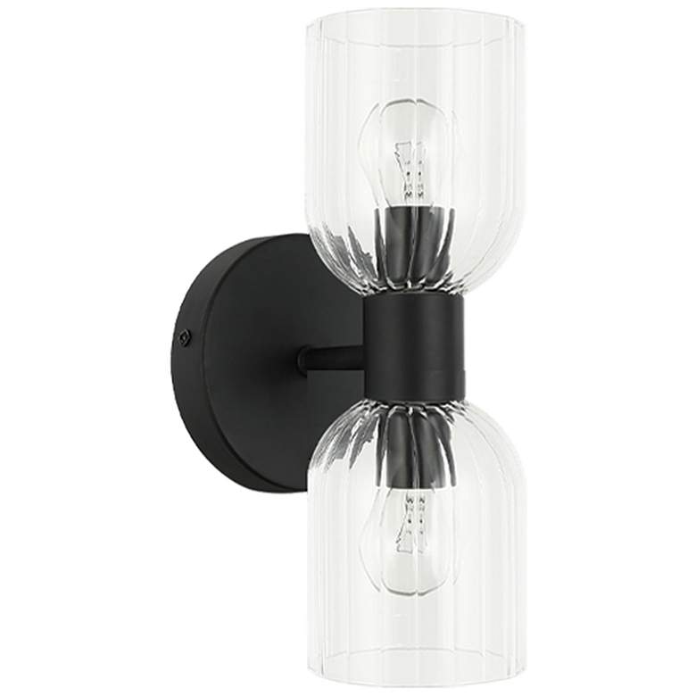 Image 1 Vienna 11.5 inchH 2 Light Matte Black Wall Sconce w/ Clear Ribbed Glass Sh