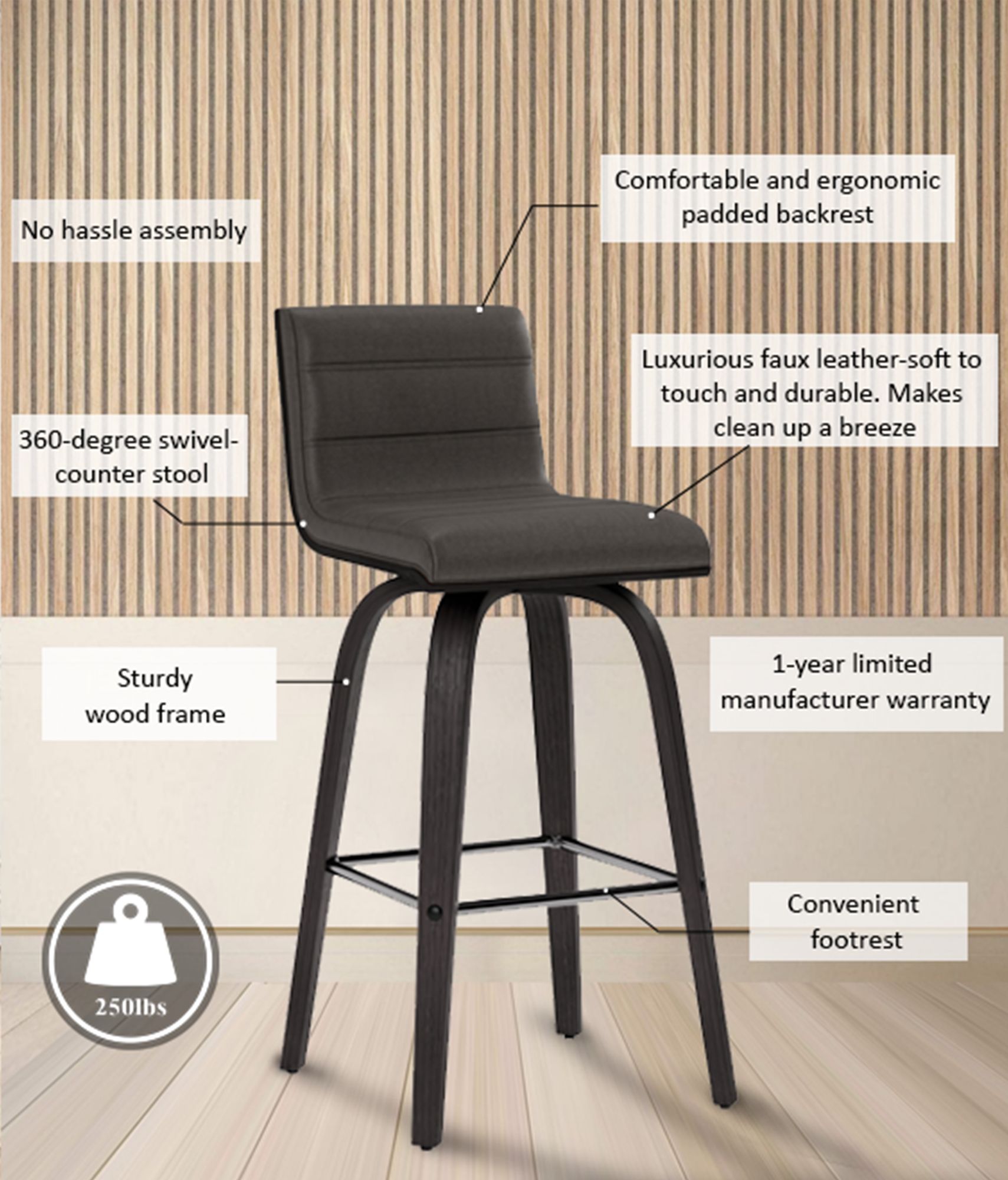 Vienna 26 in. Swivel Barstool in Gray Faux Leather and Black Wood