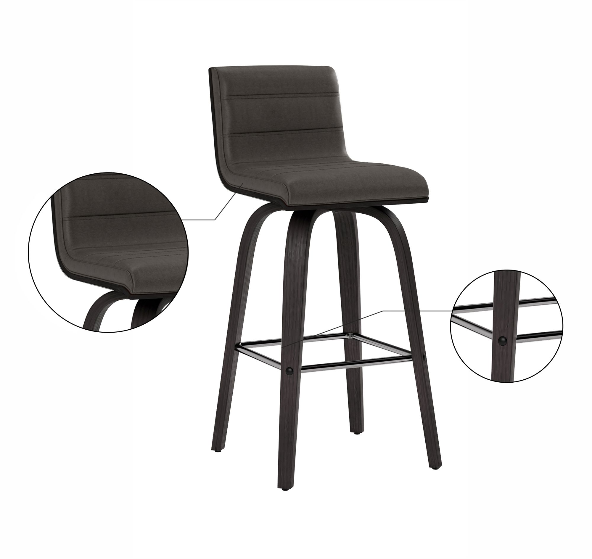 Vienna 26 in. Swivel Barstool in Gray Faux Leather and Black Wood