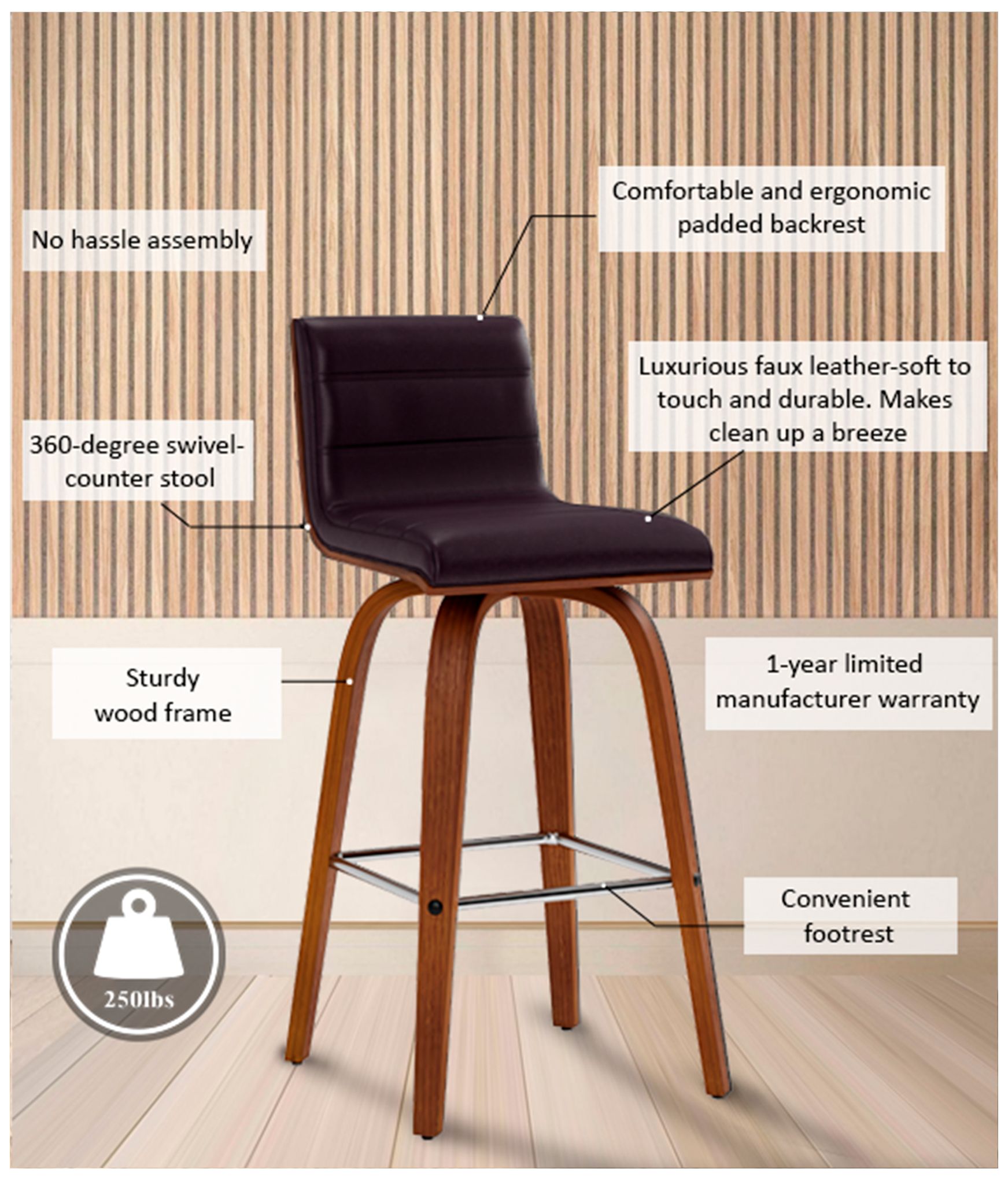 Vienna 26 in. Swivel Barstool in Walnut Finish with Brown Faux Leather