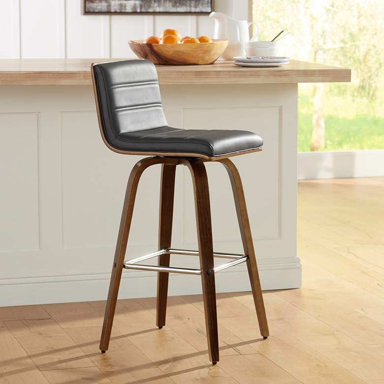 Image 1 Vienna 29 1/2 inch Gray Faux Leather and Walnut Swivel Bar Stool