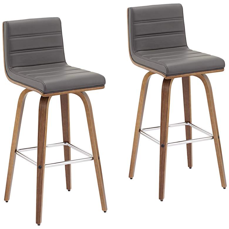 Image 1 Vienna 29 1/2" Walnut Gray Faux Leather Swivel Bar Stools Set of 2