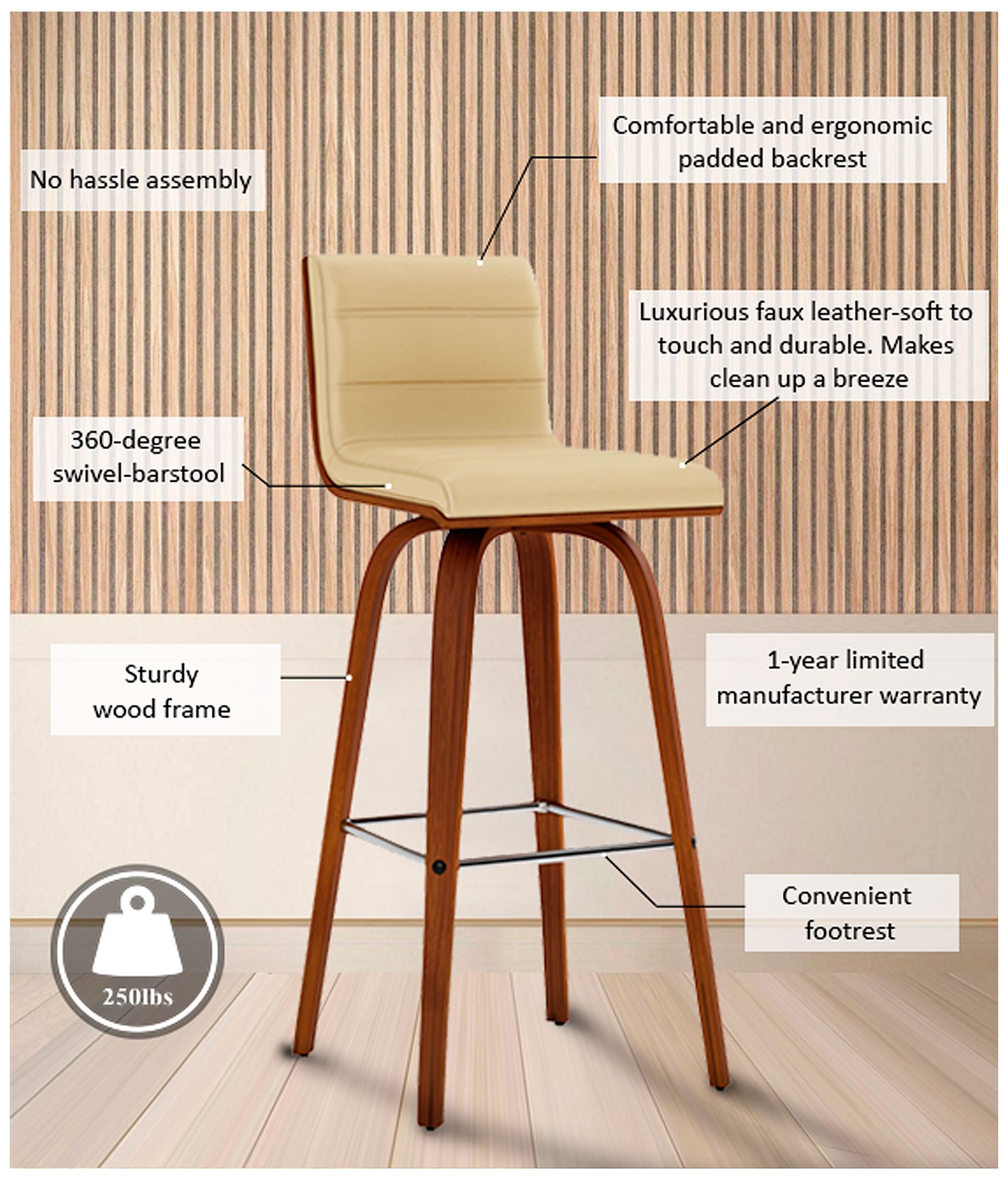 Vienna 30 in. Swivel Barstool in Chrome Finish with Cream Faux Leather