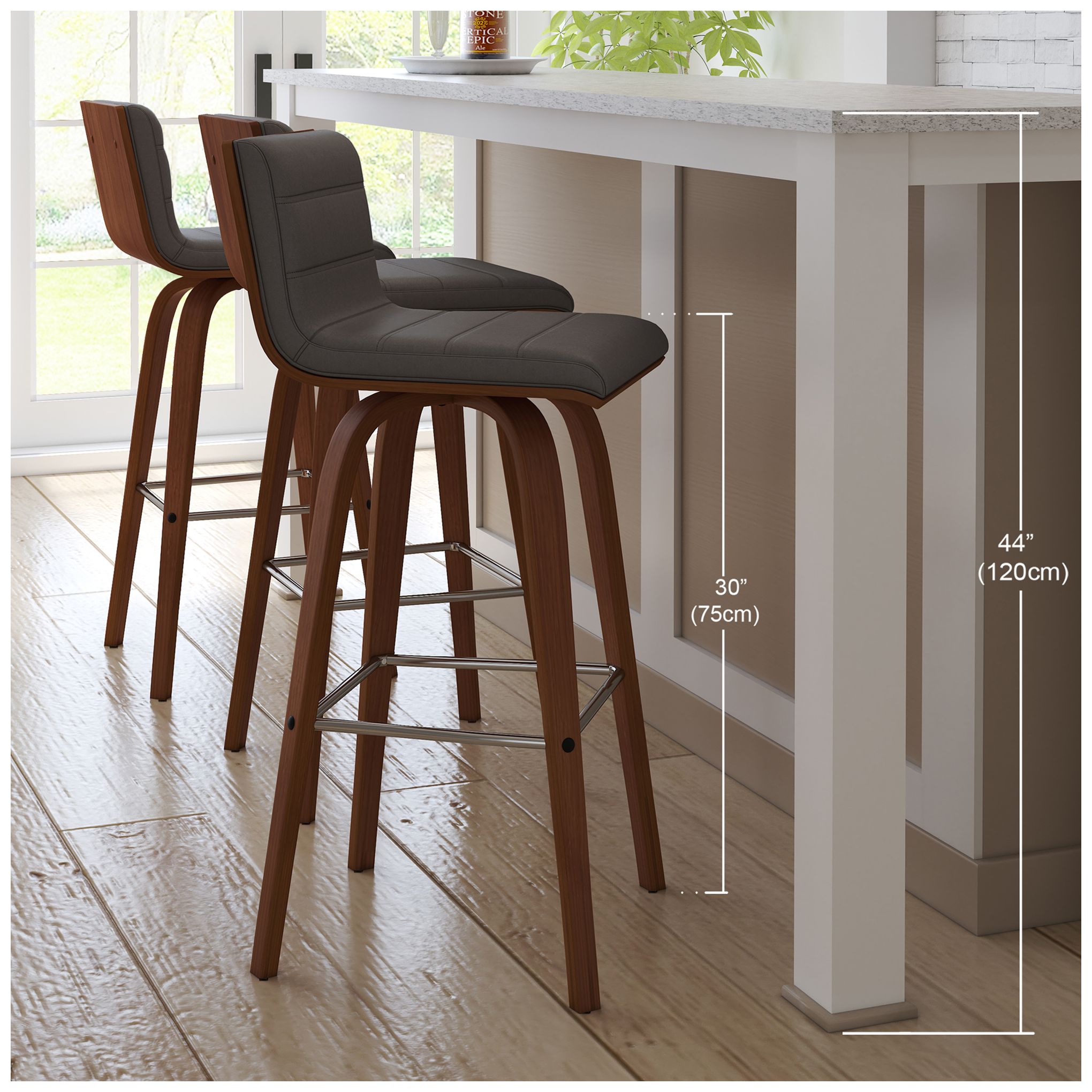 Vienna 30 in. Swivel Barstool in Walnut Finish with Gray Faux Leather