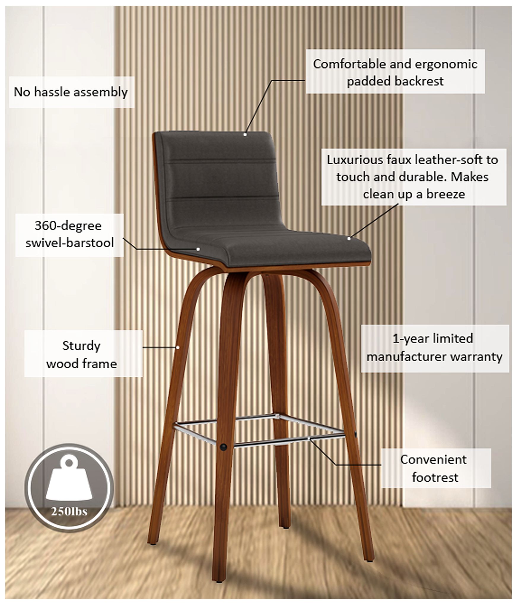 Vienna 30 in. Swivel Barstool in Walnut Finish with Gray Faux Leather