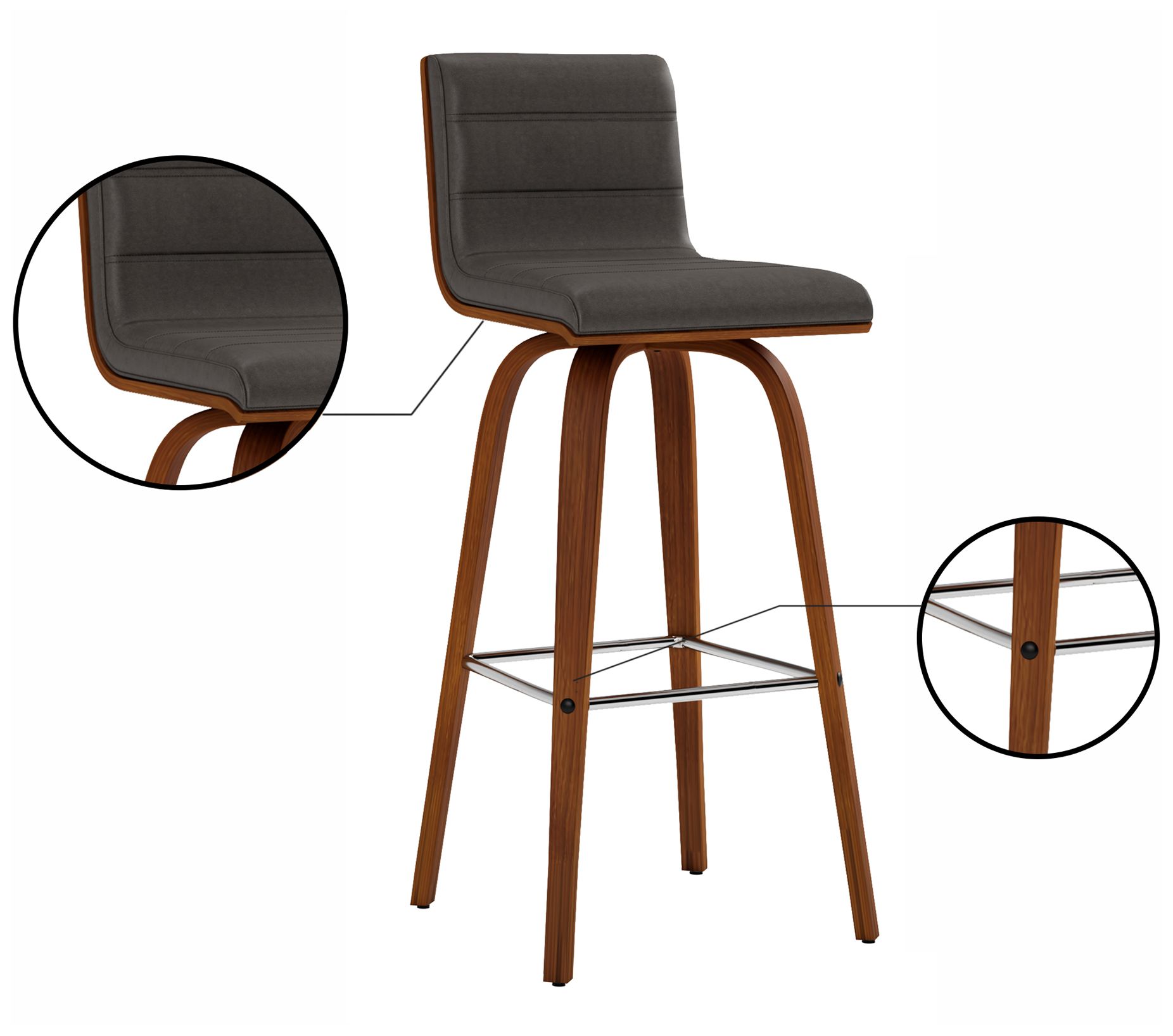 Vienna 30 in. Swivel Barstool in Walnut Finish with Gray Faux Leather