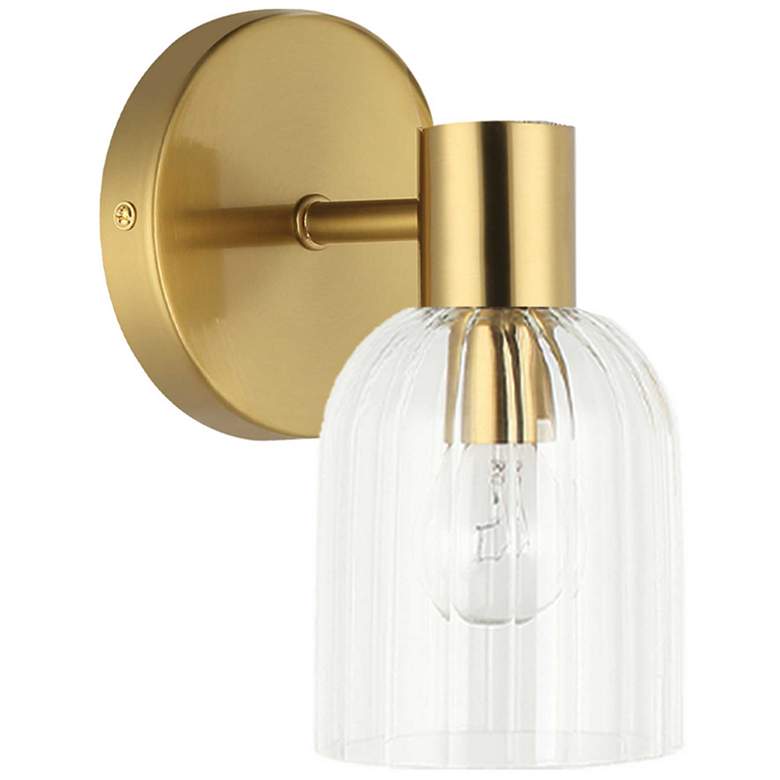Image 1 Vienna 8" High Aged Brass Wall Sconce With Clear Ribbed Glass Shade