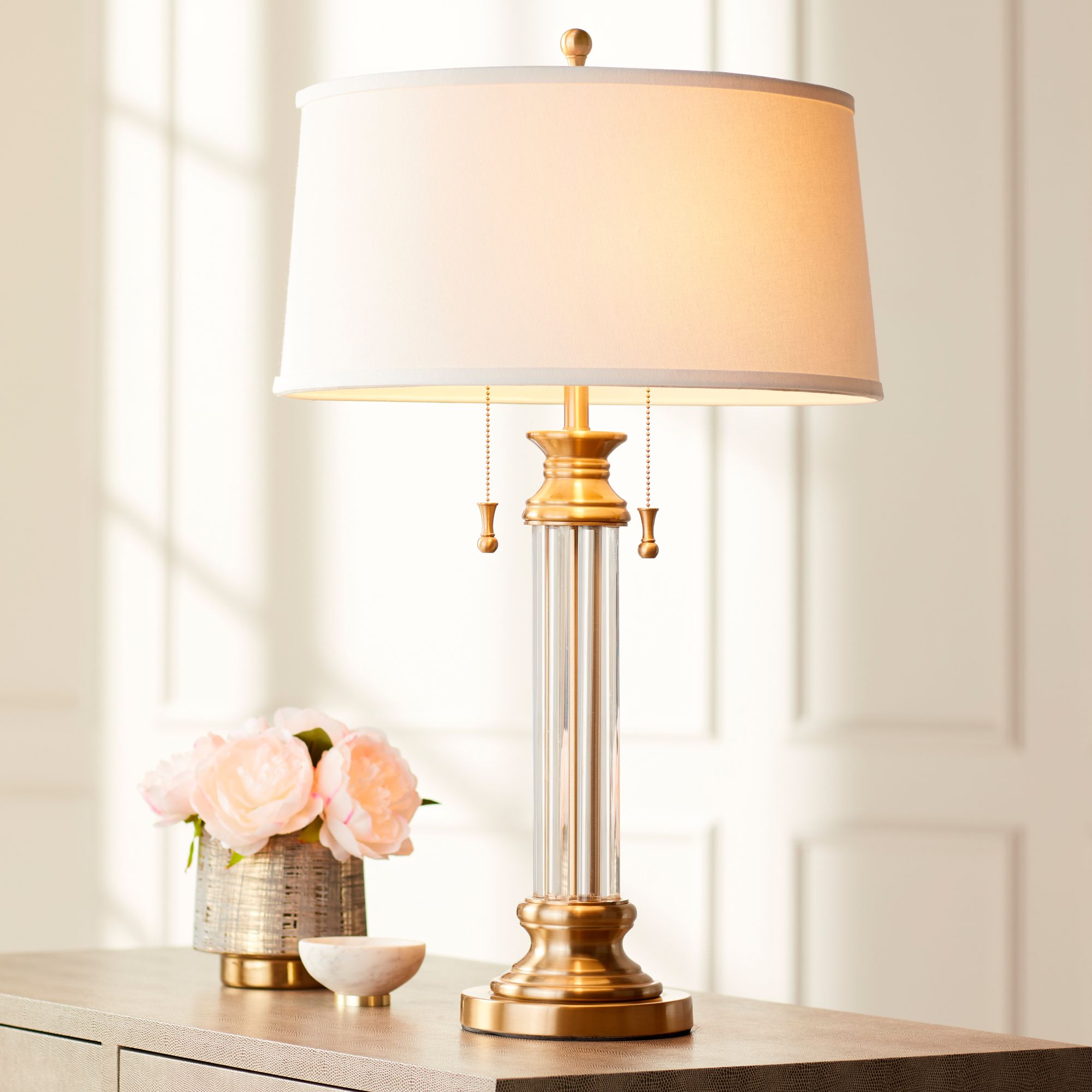 Watch A Video About the Vienna Full Spectrum Rolland Brass and Glass Column Table Lamp
