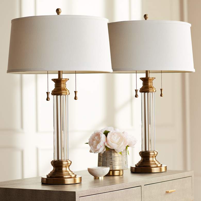 Image 1 Vienna Full Spectrum Rolland Brass and Glass Column Table Lamps Set of 2