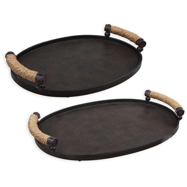 Image 1 Viggo Oxidized Bronze Metal Oval Trays Set of 2 with Handles