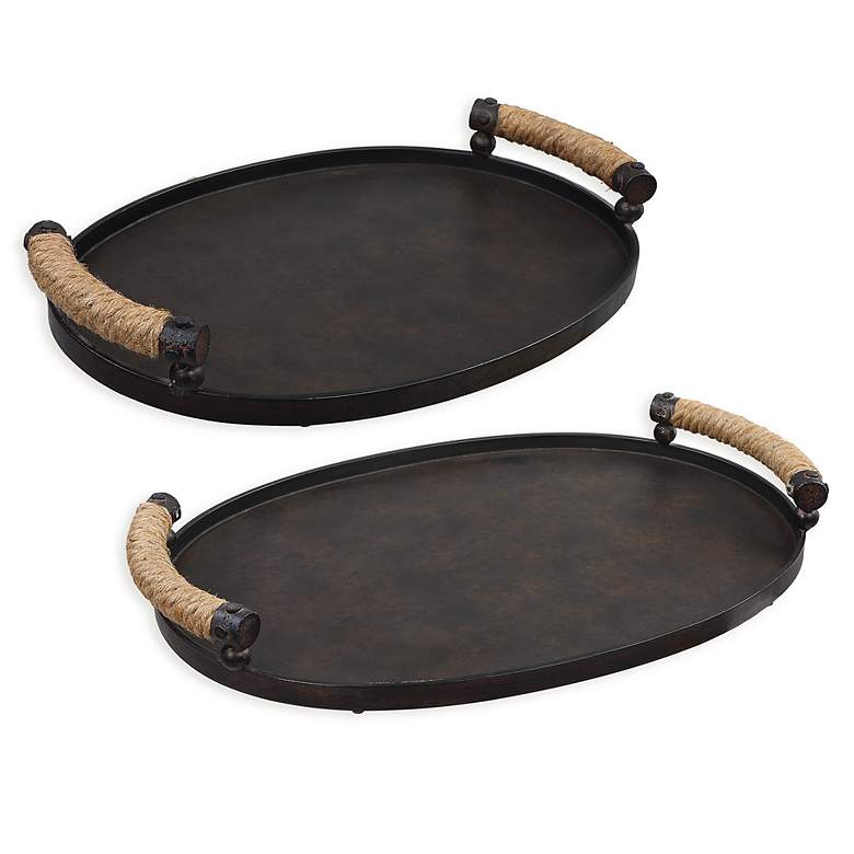 Image 1 Viggo Oxidized Bronze Metal Oval Trays Set of 2 with Handles