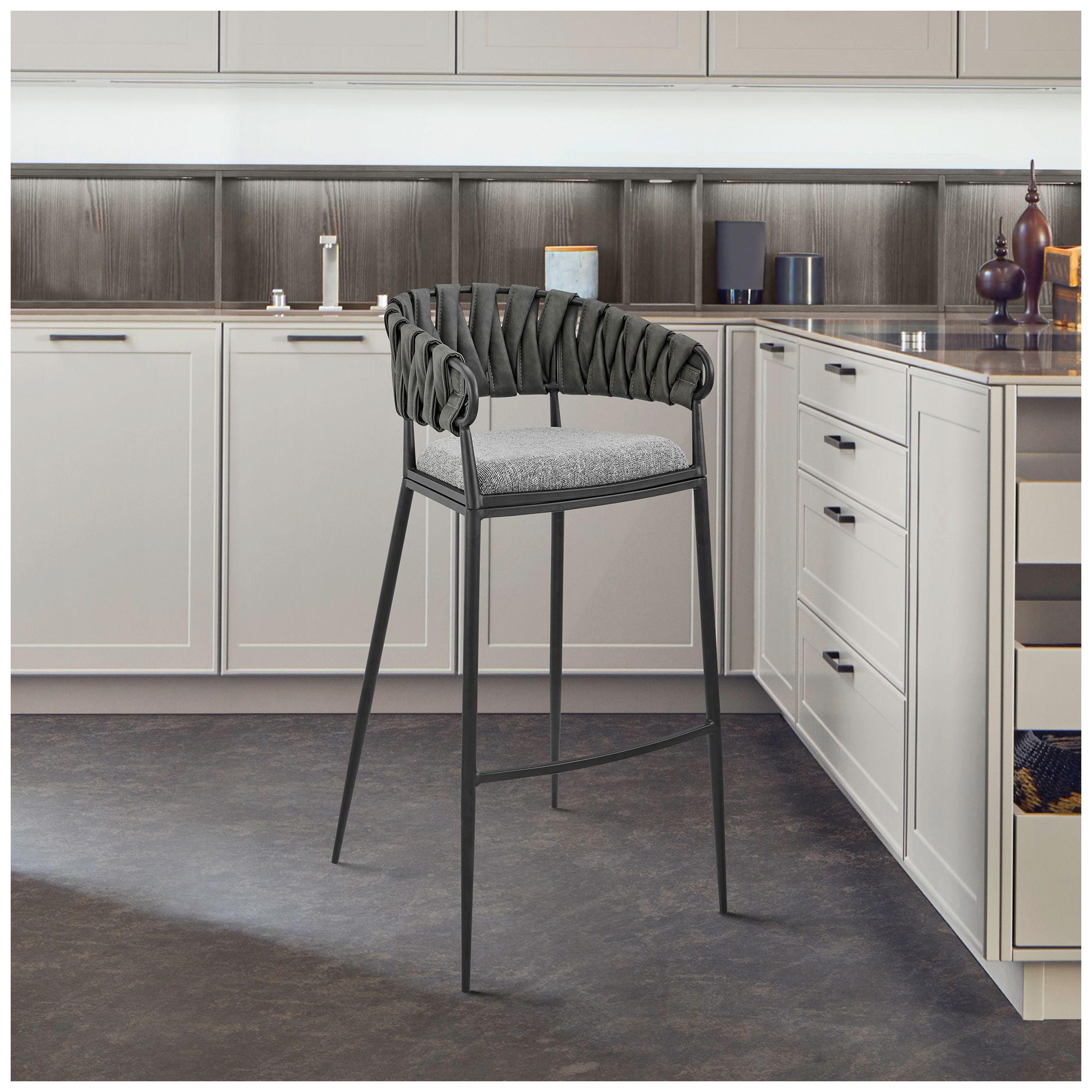 Vigona 30 in. Barstool in Black Finish with Grey Faux Leather