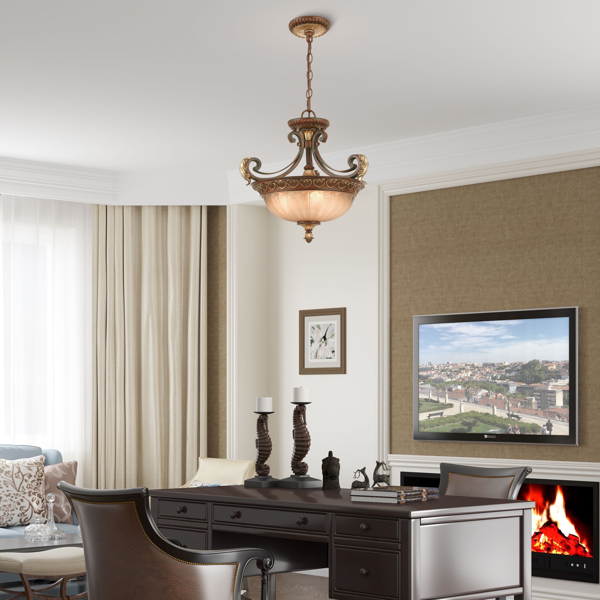 Villa Verona 3 Light Verona Bronze with Aged Gold Leaf Accents Convertible