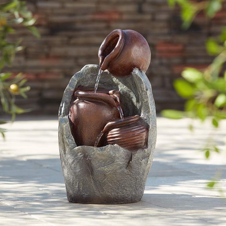Image 1 Ville 19 1/2"H Brown and Gray LED 3-Urn Cascading Fountain