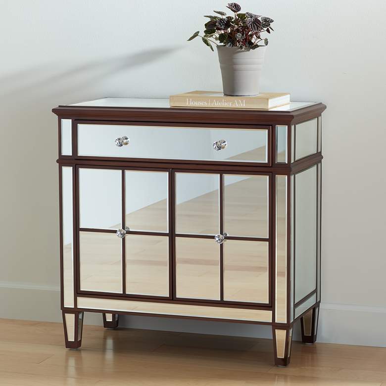 Image 1 Vincent 32" Wide Mirrored and Brushed Oak Accent Cabinet