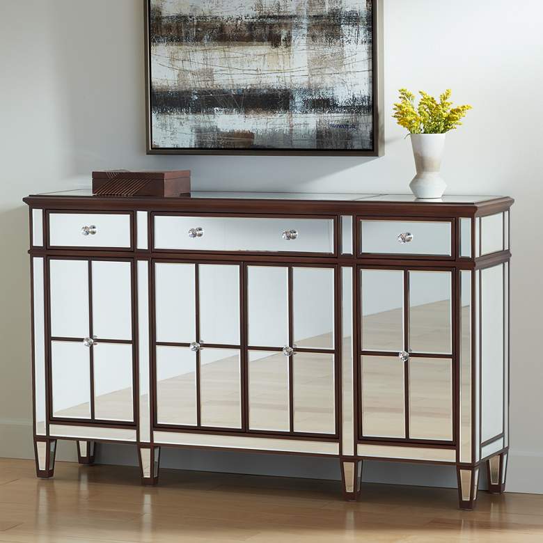 Image 1 Vincent 60 inch Wide Mirrored and Brushed Oak Accent Cabinet