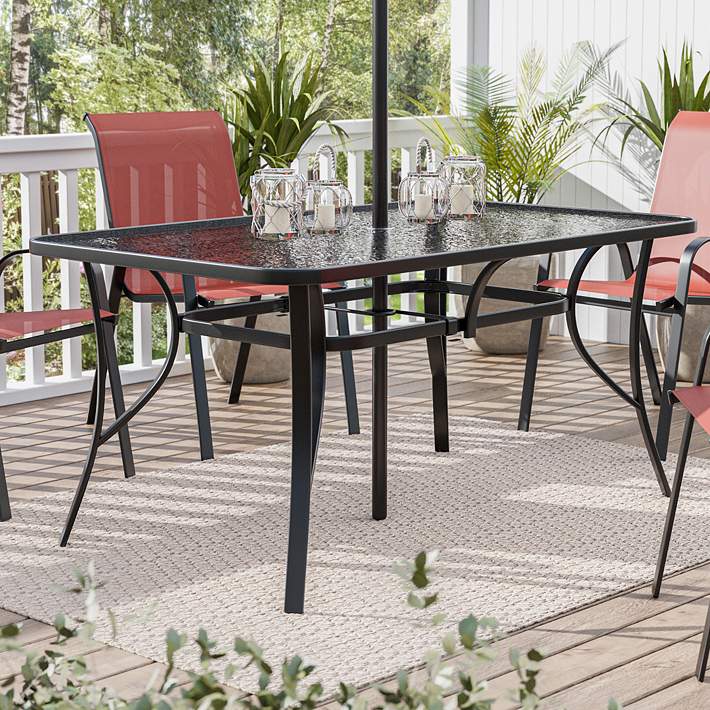 black patio dining table with umbrella hole Kozyard 37" Square Outdoor for 4, Table Hole, Steel Frame with Wood-Look Top, Heavy Duty Patio Table for Backyard, singing birds Nuu Garden 41'' Round Metal