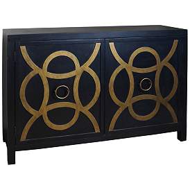 Image1 of Vintage 54" Wide Black and Gold Painted Two Door Cabinet