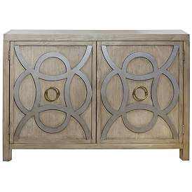 Image1 of Vintage 54" Wide Weathered Taupe and Silver Painted Two Door Cabinet