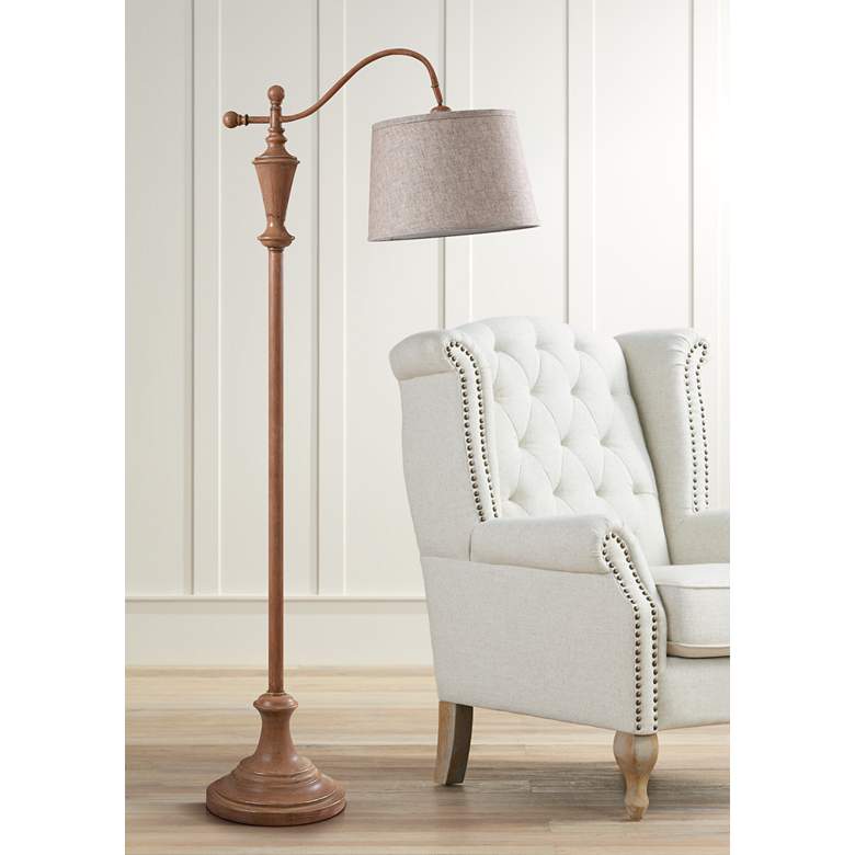 Image 1 Vintage Walnut Wood Downbridge Floor Lamp with Oatmeal Shade
