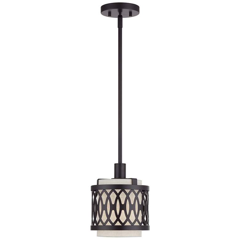 Image 1 Vistaview 1 Light English Bronze Mini Pendant Oatmeal Shade