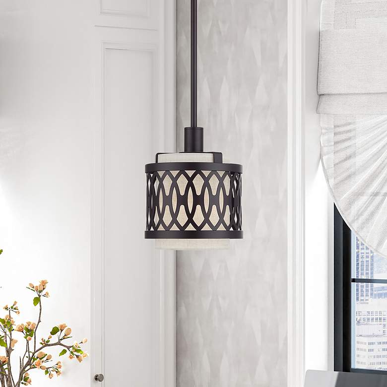 Image 1 Vistaview 1 Light English Bronze Mini Pendant Oatmeal Shade